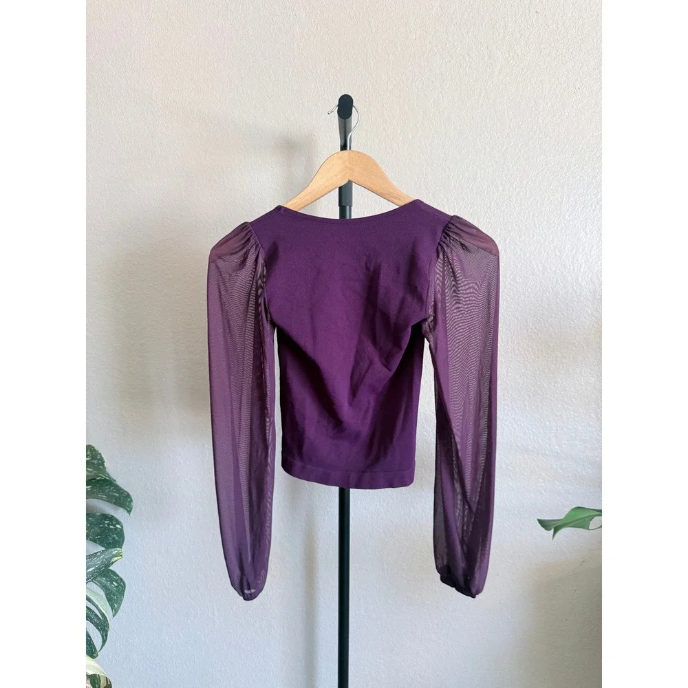 Free People Intimately Mesh Sleeve Ribbed Top Purple M/L Deep Scoop Neck